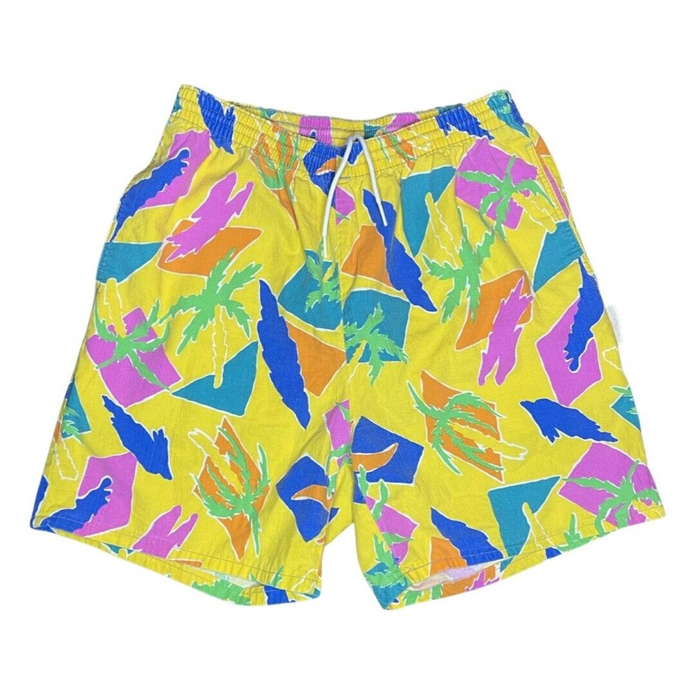 Vintage Dakota AOP Palm Trees Colorful Logos Swim Trunks 80s 90s Men's USA M